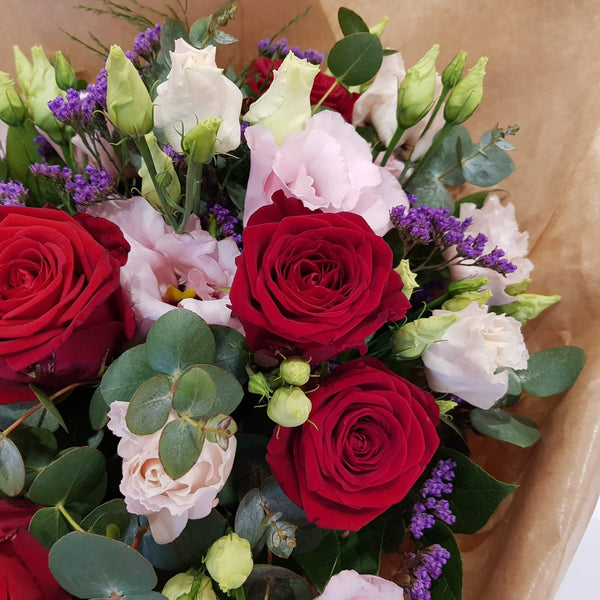 Hand Tied Bouquet in Water: Romantic Reds